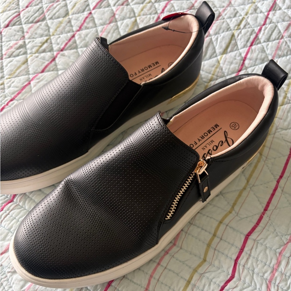 Black Slip-On Perforated Loafers with Gold Zip Detail